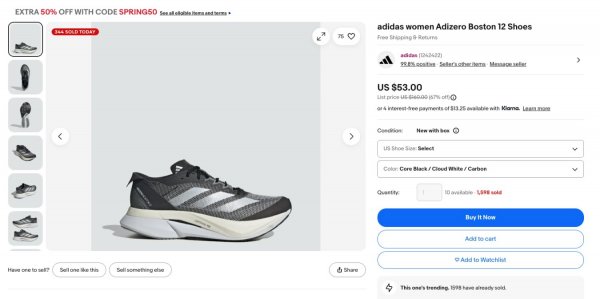 [ebay] adidas women Adizero Boston 12 Shoes($27/free)