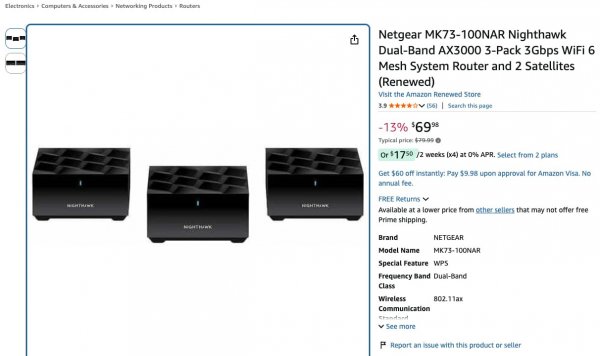 [amazon] Netgear MK73-100NAR Nighthawk Dual-Band AX3000 3-Pack 3Gbps WiFi 6 Mesh System Router and 2 Satellites (Renewed) $69.98